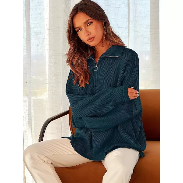 imageANRABESS Womens Long Sleeve 14 Zipper Collar Drop Shoulder Oversized Slouchy Sweatshirt Pullover Sweater with SlitDeep Blue