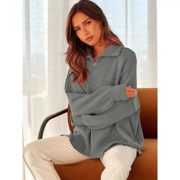 imageANRABESS Womens Long Sleeve 14 Zipper Collar Drop Shoulder Oversized Slouchy Sweatshirt Pullover Sweater with SlitDeep Gray