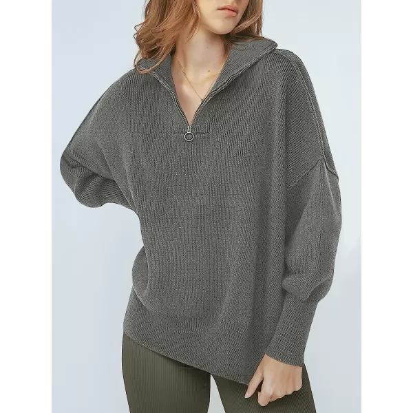 imageANRABESS Womens Long Sleeve 14 Zipper Collar Drop Shoulder Oversized Slouchy Sweatshirt Pullover Sweater with SlitDeep Gray