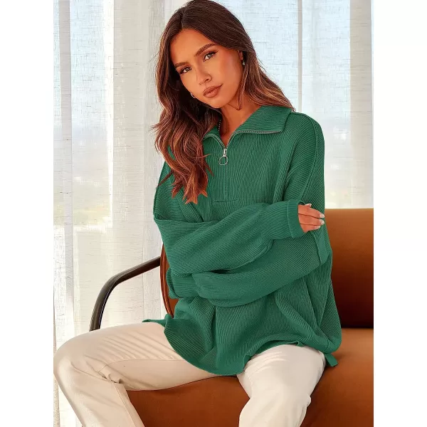 imageANRABESS Womens Long Sleeve 14 Zipper Collar Drop Shoulder Oversized Slouchy Sweatshirt Pullover Sweater with SlitDeep Green