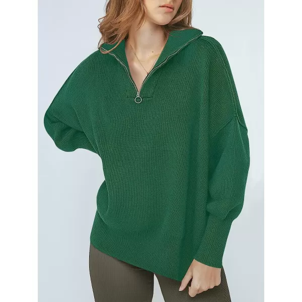imageANRABESS Womens Long Sleeve 14 Zipper Collar Drop Shoulder Oversized Slouchy Sweatshirt Pullover Sweater with SlitDeep Green