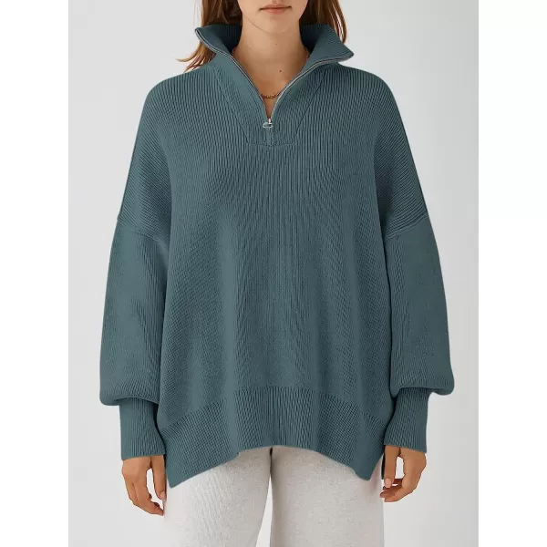 imageANRABESS Womens Long Sleeve 14 Zipper Collar Drop Shoulder Oversized Slouchy Sweatshirt Pullover Sweater with SlitDusty Blue