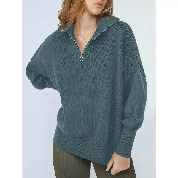 imageANRABESS Womens Long Sleeve 14 Zipper Collar Drop Shoulder Oversized Slouchy Sweatshirt Pullover Sweater with SlitDusty Blue