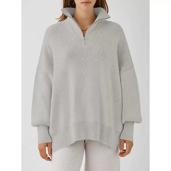 imageANRABESS Womens Long Sleeve 14 Zipper Collar Drop Shoulder Oversized Slouchy Sweatshirt Pullover Sweater with SlitGray