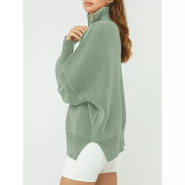imageANRABESS Womens Long Sleeve 14 Zipper Collar Drop Shoulder Oversized Slouchy Sweatshirt Pullover Sweater with SlitGray Green