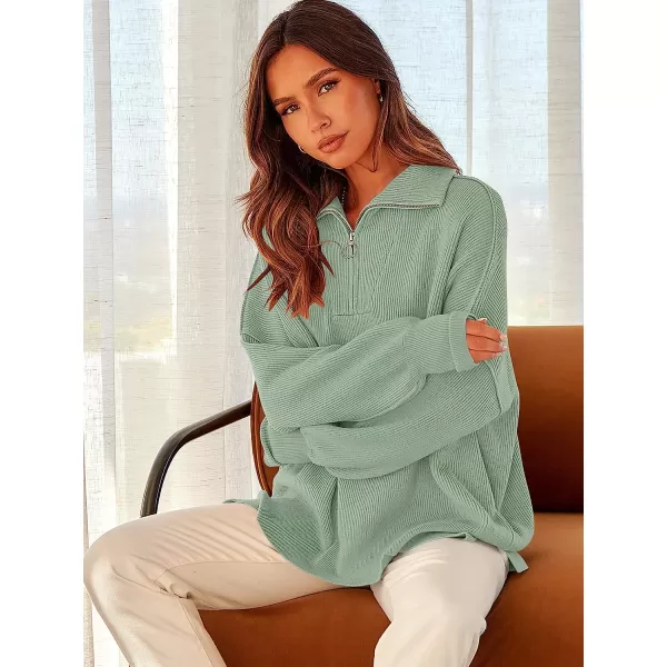imageANRABESS Womens Long Sleeve 14 Zipper Collar Drop Shoulder Oversized Slouchy Sweatshirt Pullover Sweater with SlitGray Green