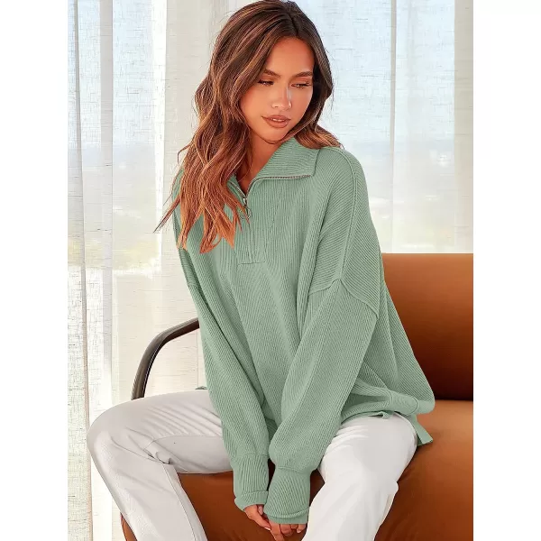 imageANRABESS Womens Long Sleeve 14 Zipper Collar Drop Shoulder Oversized Slouchy Sweatshirt Pullover Sweater with SlitGray Green