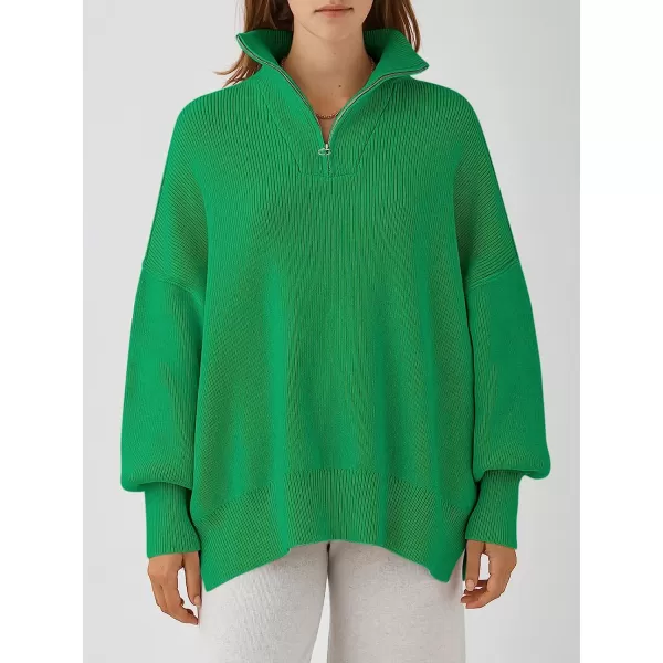 imageANRABESS Womens Long Sleeve 14 Zipper Collar Drop Shoulder Oversized Slouchy Sweatshirt Pullover Sweater with SlitGreen