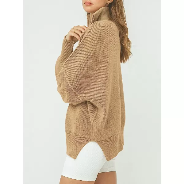 imageANRABESS Womens Long Sleeve 14 Zipper Collar Drop Shoulder Oversized Slouchy Sweatshirt Pullover Sweater with SlitKhaki