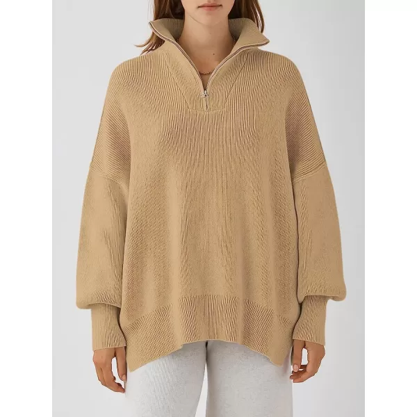 imageANRABESS Womens Long Sleeve 14 Zipper Collar Drop Shoulder Oversized Slouchy Sweatshirt Pullover Sweater with SlitKhaki