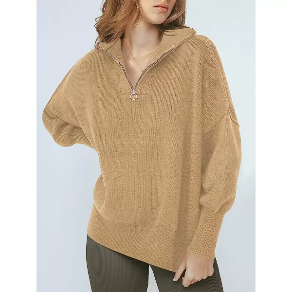imageANRABESS Womens Long Sleeve 14 Zipper Collar Drop Shoulder Oversized Slouchy Sweatshirt Pullover Sweater with SlitKhaki