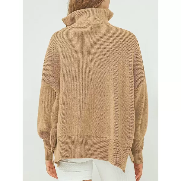 imageANRABESS Womens Long Sleeve 14 Zipper Collar Drop Shoulder Oversized Slouchy Sweatshirt Pullover Sweater with SlitKhaki
