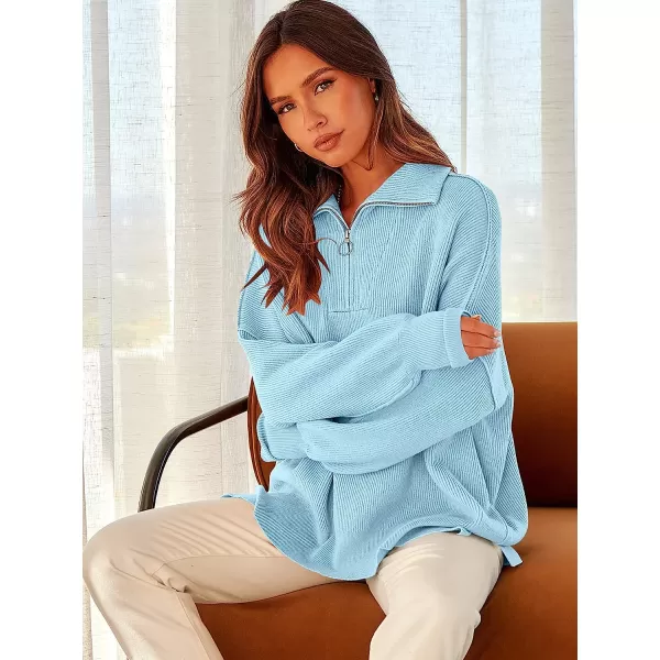 imageANRABESS Womens Long Sleeve 14 Zipper Collar Drop Shoulder Oversized Slouchy Sweatshirt Pullover Sweater with SlitLight Blue
