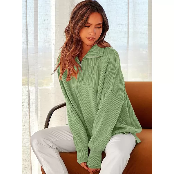 imageANRABESS Womens Long Sleeve 14 Zipper Collar Drop Shoulder Oversized Slouchy Sweatshirt Pullover Sweater with SlitLight Green