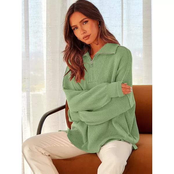 imageANRABESS Womens Long Sleeve 14 Zipper Collar Drop Shoulder Oversized Slouchy Sweatshirt Pullover Sweater with SlitLight Green