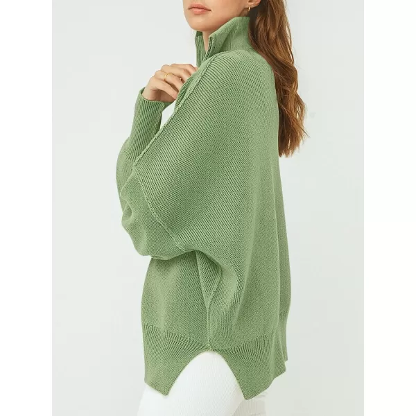 imageANRABESS Womens Long Sleeve 14 Zipper Collar Drop Shoulder Oversized Slouchy Sweatshirt Pullover Sweater with SlitLight Green