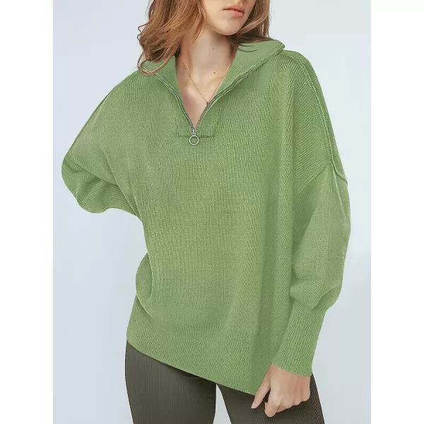 imageANRABESS Womens Long Sleeve 14 Zipper Collar Drop Shoulder Oversized Slouchy Sweatshirt Pullover Sweater with SlitLight Green