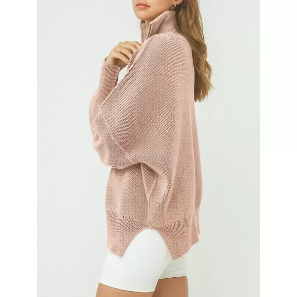 imageANRABESS Womens Long Sleeve 14 Zipper Collar Drop Shoulder Oversized Slouchy Sweatshirt Pullover Sweater with SlitPink