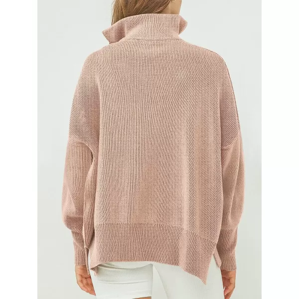 imageANRABESS Womens Long Sleeve 14 Zipper Collar Drop Shoulder Oversized Slouchy Sweatshirt Pullover Sweater with SlitPink