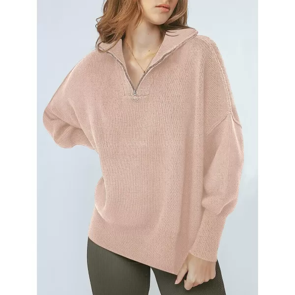 imageANRABESS Womens Long Sleeve 14 Zipper Collar Drop Shoulder Oversized Slouchy Sweatshirt Pullover Sweater with SlitPink