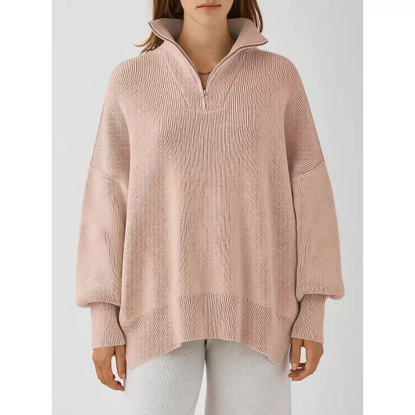 imageANRABESS Womens Long Sleeve 14 Zipper Collar Drop Shoulder Oversized Slouchy Sweatshirt Pullover Sweater with SlitPink