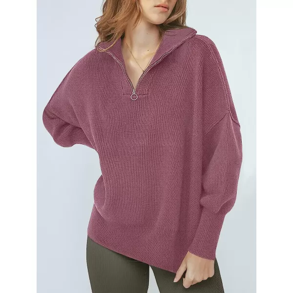 imageANRABESS Womens Long Sleeve 14 Zipper Collar Drop Shoulder Oversized Slouchy Sweatshirt Pullover Sweater with SlitPurple