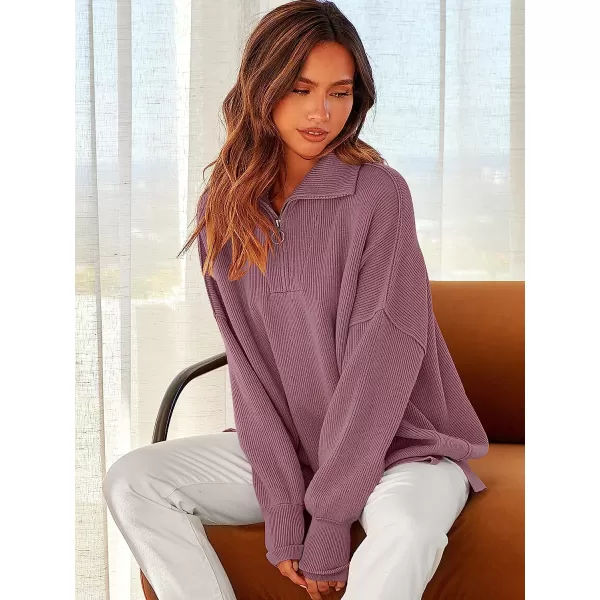 imageANRABESS Womens Long Sleeve 14 Zipper Collar Drop Shoulder Oversized Slouchy Sweatshirt Pullover Sweater with SlitPurple