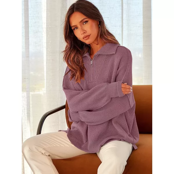 imageANRABESS Womens Long Sleeve 14 Zipper Collar Drop Shoulder Oversized Slouchy Sweatshirt Pullover Sweater with SlitPurple