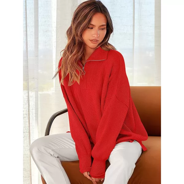 imageANRABESS Womens Long Sleeve 14 Zipper Collar Drop Shoulder Oversized Slouchy Sweatshirt Pullover Sweater with SlitRed
