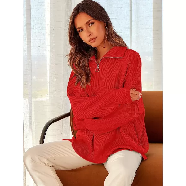 imageANRABESS Womens Long Sleeve 14 Zipper Collar Drop Shoulder Oversized Slouchy Sweatshirt Pullover Sweater with SlitRed