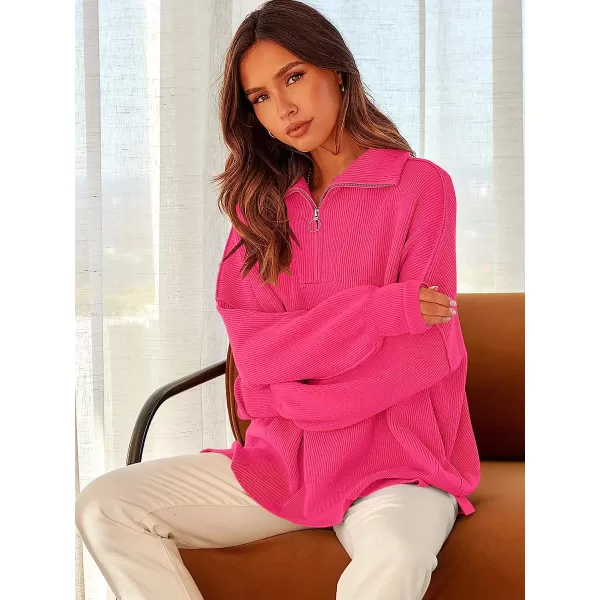 imageANRABESS Womens Long Sleeve 14 Zipper Collar Drop Shoulder Oversized Slouchy Sweatshirt Pullover Sweater with SlitRose