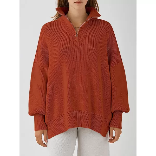 imageANRABESS Womens Long Sleeve 14 Zipper Collar Drop Shoulder Oversized Slouchy Sweatshirt Pullover Sweater with SlitRust