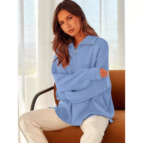 imageANRABESS Womens Long Sleeve 14 Zipper Collar Drop Shoulder Oversized Slouchy Sweatshirt Pullover Sweater with SlitSky Blue