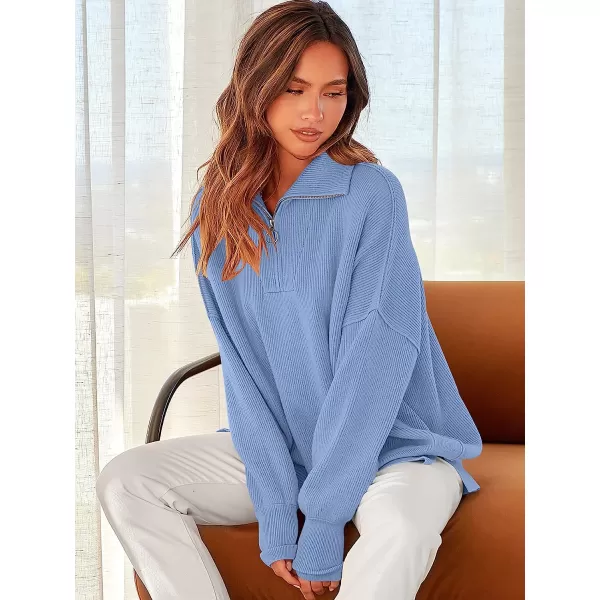 imageANRABESS Womens Long Sleeve 14 Zipper Collar Drop Shoulder Oversized Slouchy Sweatshirt Pullover Sweater with SlitSky Blue
