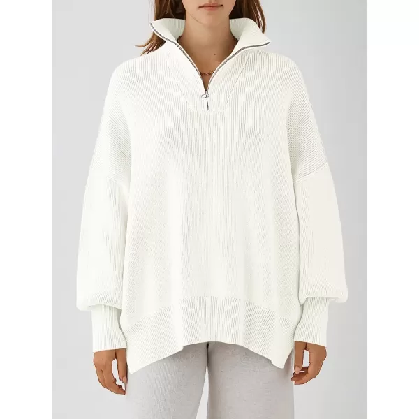 imageANRABESS Womens Long Sleeve 14 Zipper Collar Drop Shoulder Oversized Slouchy Sweatshirt Pullover Sweater with SlitWhite
