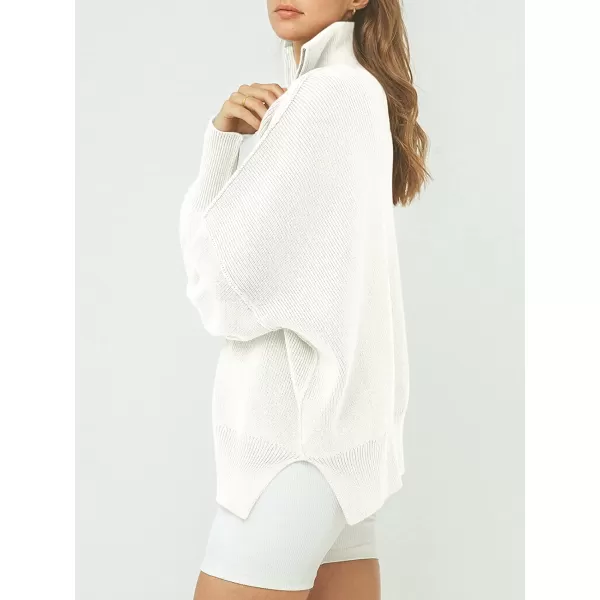 imageANRABESS Womens Long Sleeve 14 Zipper Collar Drop Shoulder Oversized Slouchy Sweatshirt Pullover Sweater with SlitWhite