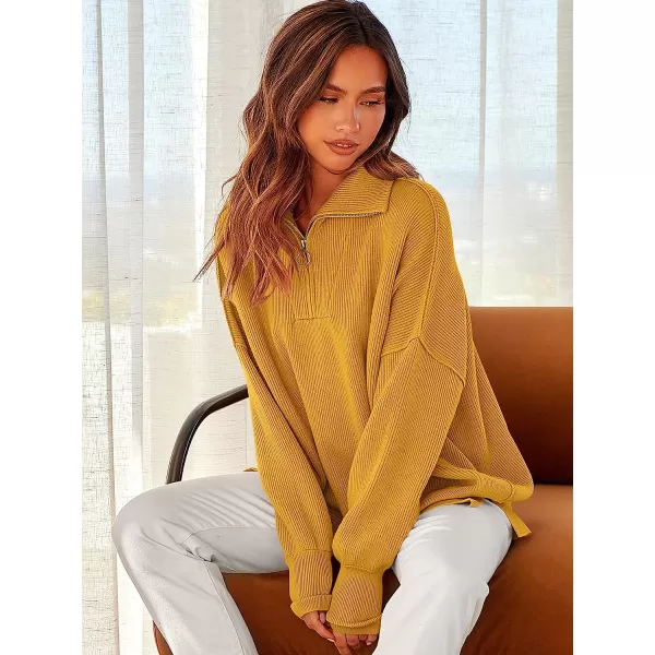 imageANRABESS Womens Long Sleeve 14 Zipper Collar Drop Shoulder Oversized Slouchy Sweatshirt Pullover Sweater with SlitYellow