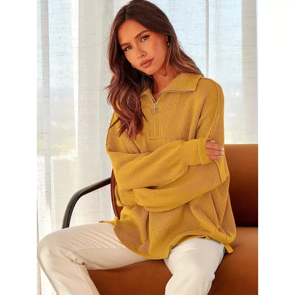 imageANRABESS Womens Long Sleeve 14 Zipper Collar Drop Shoulder Oversized Slouchy Sweatshirt Pullover Sweater with SlitYellow