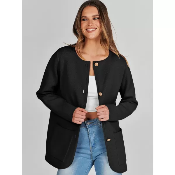 imageANRABESS Womens Long Sleeve Button Down Knit Cardigan Sweater Blazer with PocketsBlack