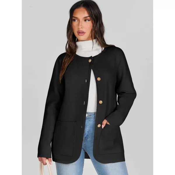 imageANRABESS Womens Long Sleeve Button Down Knit Cardigan Sweater Blazer with PocketsBlack