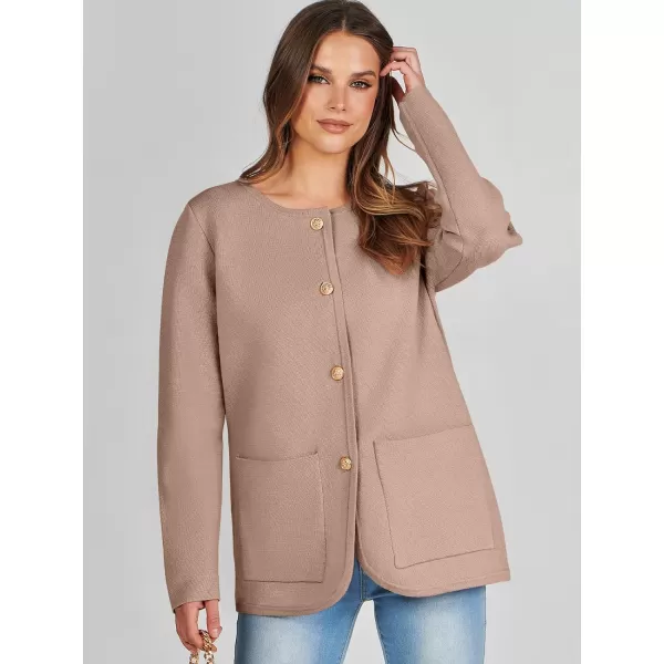 imageANRABESS Womens Long Sleeve Button Down Knit Cardigan Sweater Blazer with PocketsKhaki