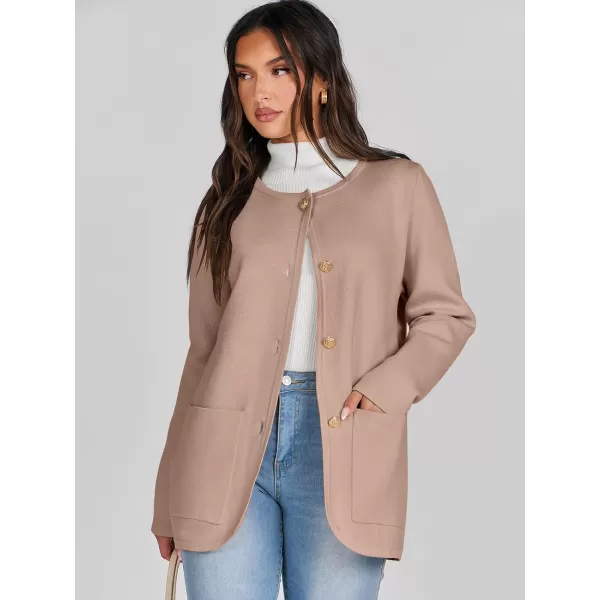 imageANRABESS Womens Long Sleeve Button Down Knit Cardigan Sweater Blazer with PocketsKhaki