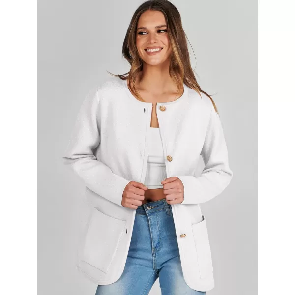 imageANRABESS Womens Long Sleeve Button Down Knit Cardigan Sweater Blazer with PocketsWhite