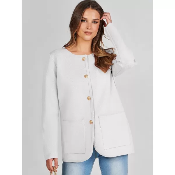 imageANRABESS Womens Long Sleeve Button Down Knit Cardigan Sweater Blazer with PocketsWhite