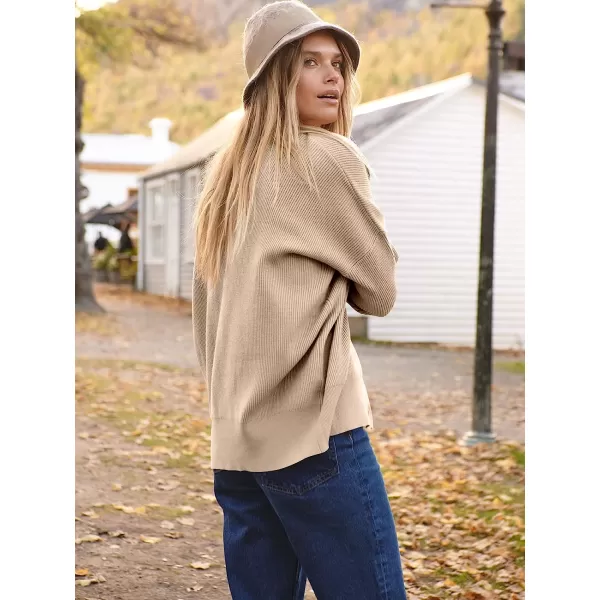 imageANRABESS Womens Long Sleeve Button Down V Neck Casual Loose Oversized Cardigan Knit Sweater CoatKhaki