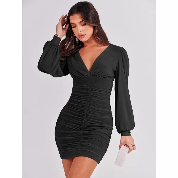 imageANRABESS Womens Long Sleeve Cocktail Dress Sexy Deep V Neck Ruched Bodycon Short Party Club Wedding Guest DressesBlack