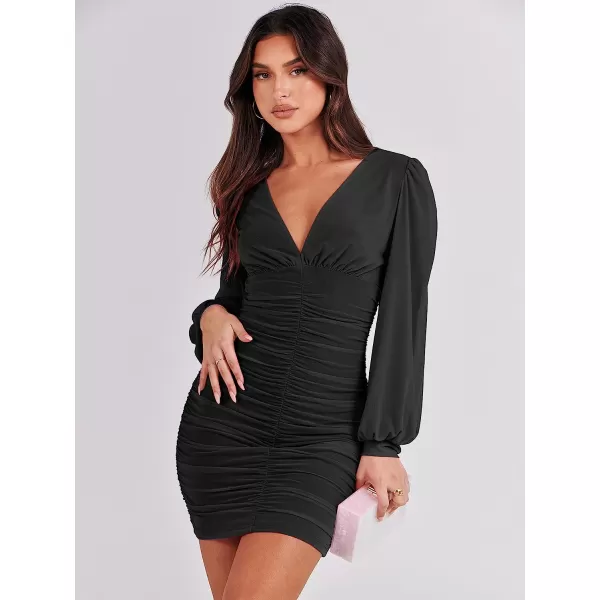 imageANRABESS Womens Long Sleeve Cocktail Dress Sexy Deep V Neck Ruched Bodycon Short Party Club Wedding Guest DressesBlack
