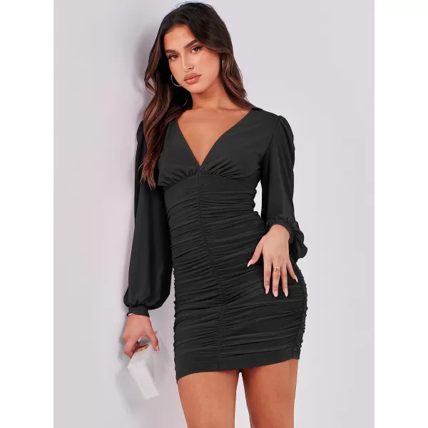 imageANRABESS Womens Long Sleeve Cocktail Dress Sexy Deep V Neck Ruched Bodycon Short Party Club Wedding Guest DressesBlack