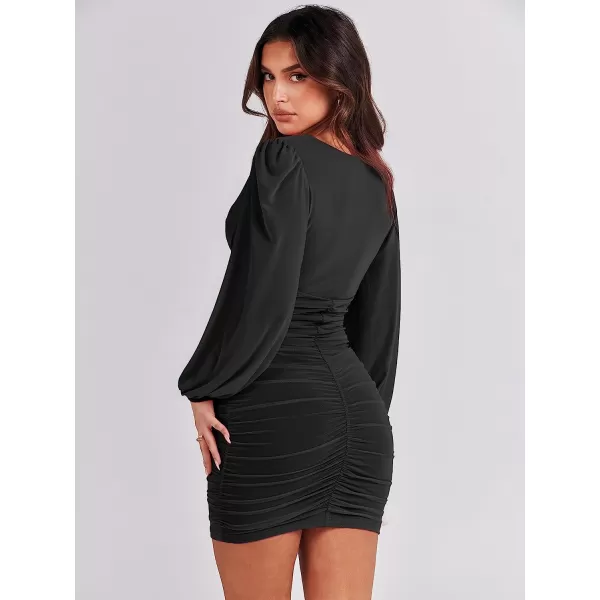 imageANRABESS Womens Long Sleeve Cocktail Dress Sexy Deep V Neck Ruched Bodycon Short Party Club Wedding Guest DressesBlack