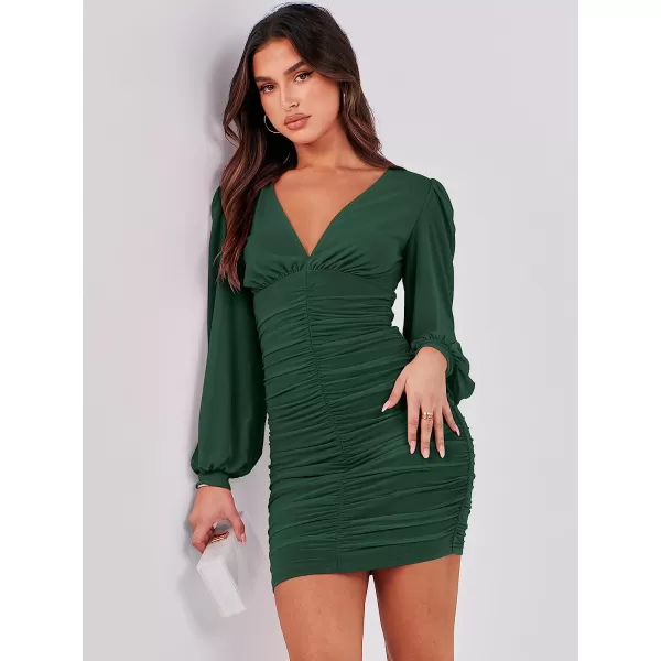 imageANRABESS Womens Long Sleeve Cocktail Dress Sexy Deep V Neck Ruched Bodycon Short Party Club Wedding Guest DressesDeep Green